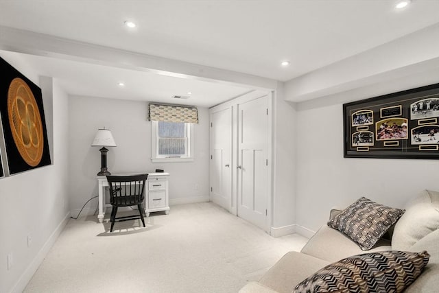 office area featuring light colored carpet, baseboards, and recessed lighting