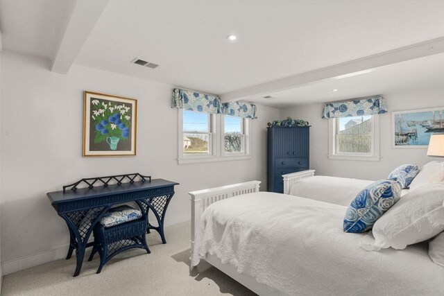 carpeted bedroom with beam ceiling, baseboards, and recessed lighting