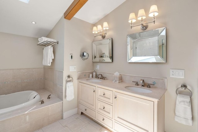 full bathroom featuring a garden tub, double vanity, and tile patterned flooring