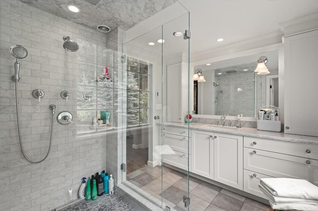46 Baldpate Rd, Boxford, MA 01921 - full bath with a stall shower, crown molding, vanity, tile patterned floors, and recessed lighting