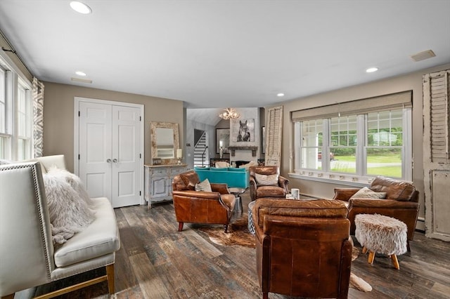 46 Baldpate Rd, Boxford, MA 01921 - living area featuring dark wood-style floors, recessed lighting, stairs, and a chandelier
