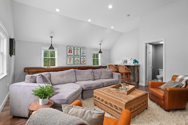 46 Baldpate Rd, Boxford, MA 01921 - living room with wood finished floors, vaulted ceiling, and recessed lighting