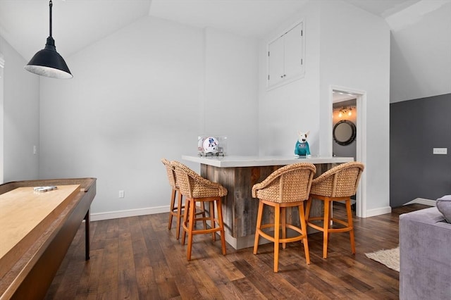 46 Baldpate Rd, Boxford, MA 01921 - indoor dry bar featuring vaulted ceiling, dark wood-style floors, and pendant lighting