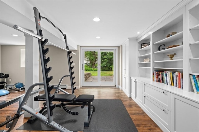 46 Baldpate Rd, Boxford, MA 01921 - exercise room featuring dark wood-type flooring, recessed lighting, and built in features