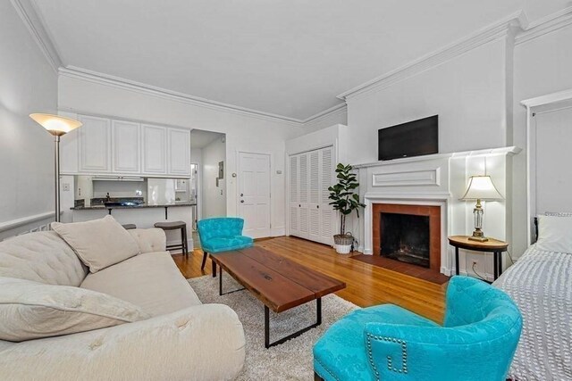 227 Marlborough St Unit 4, Boston, MA 02116 - living area featuring wood finished floors, crown molding, a fireplace, and baseboards