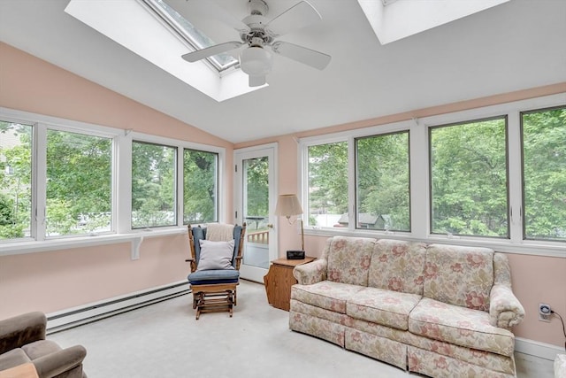 27 Philip Rd, Lexington, MA 02421 - sunroom / solarium featuring a skylight, a baseboard radiator, vaulted ceiling, and carpet