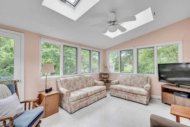 27 Philip Rd, Lexington, MA 02421 - living area featuring a skylight, vaulted ceiling, healthy amount of natural light, ceiling fan, and concrete floors