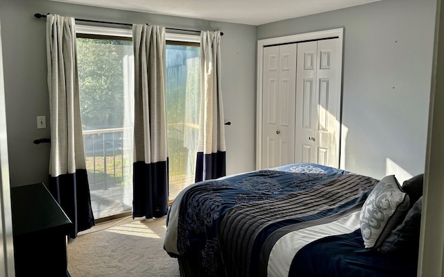 carpeted bedroom featuring access to outside and a closet