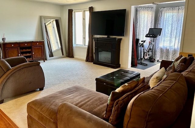 living room featuring light carpet