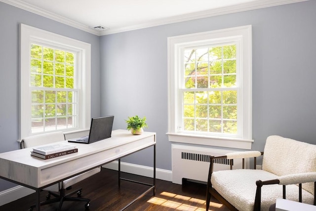 271 Greenwood St, Newton, MA 02459 - home office with radiator heating unit, dark wood-style flooring, baseboards, and ornamental molding
