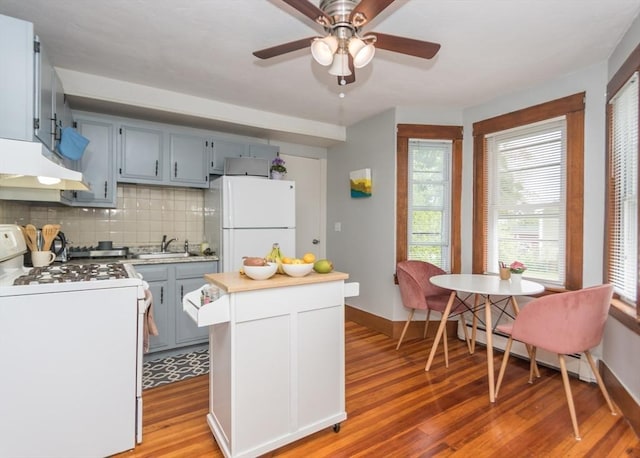 57 Prospect St, Watertown, MA 02472 - kitchen featuring white appliances, under cabinet range hood, light wood-style flooring, decorative backsplash, and light countertops