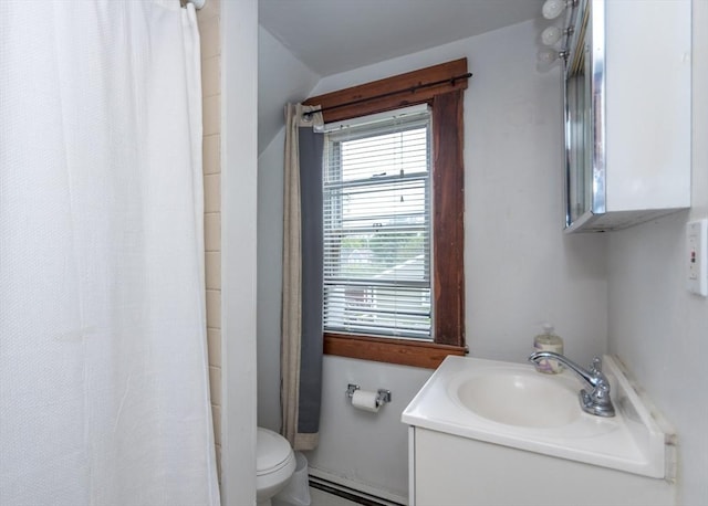 57 Prospect St, Watertown, MA 02472 - full bath with a baseboard heating unit, toilet, vanity, and a shower with curtain