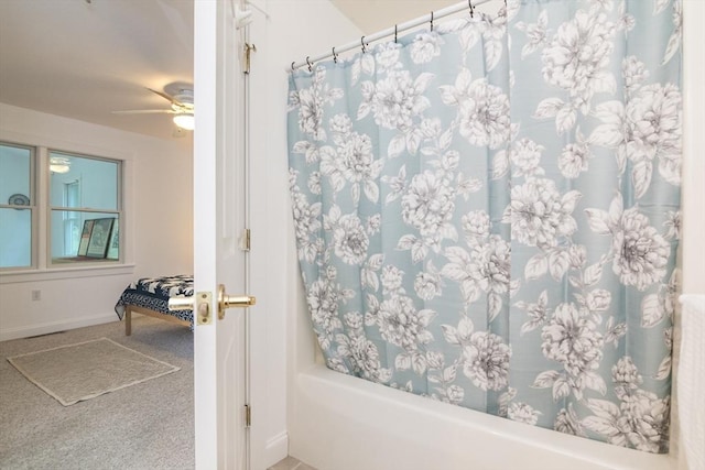 48 Northern Ave Unit 48, Northampton, MA 01060 - bathroom with shower / bath combo, baseboards, and ceiling fan