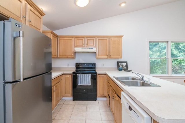 48 Northern Ave Unit 48, Northampton, MA 01060 - kitchen featuring freestanding refrigerator, black electric range, under cabinet range hood, white dishwasher, and vaulted ceiling