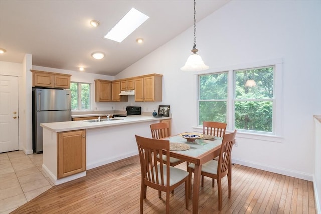48 Northern Ave Unit 48, Northampton, MA 01060 - dining area with a skylight, light wood-style floors, high vaulted ceiling, and baseboards