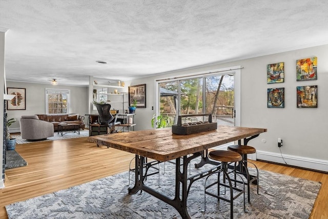 dining space with a baseboard radiator, wood finished floors, baseboards, ornamental molding, and a textured ceiling