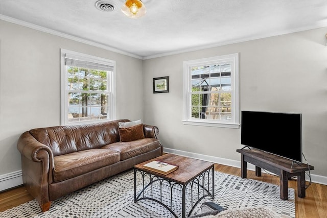 living room featuring healthy amount of natural light, ornamental molding, baseboard heating, wood finished floors, and baseboards
