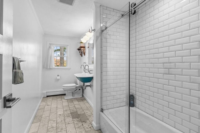 full bath featuring a baseboard heating unit, baseboards, ornamental molding, stone finish flooring, and toilet