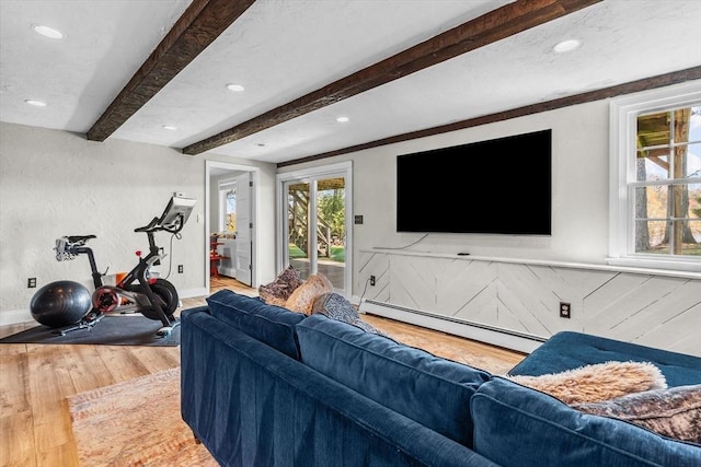 living room featuring baseboard heating, wood finished floors, baseboards, beamed ceiling, and recessed lighting