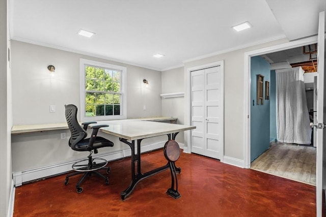 office featuring crown molding, baseboard heating, and baseboards