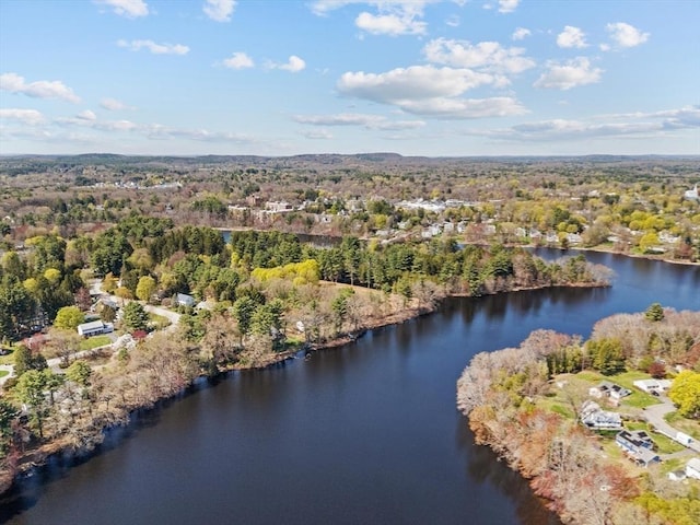 aerial view of a nearby body of water and a forest
