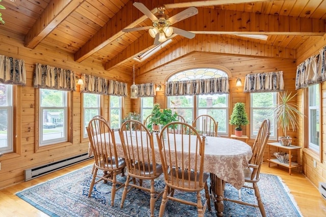 dining room with wood walls, a baseboard radiator, light wood-type flooring, a ceiling fan, and wooden ceiling