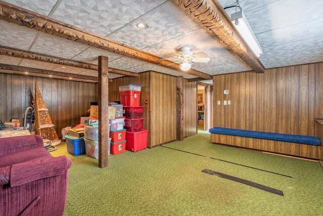 finished below grade area featuring carpet and wood walls