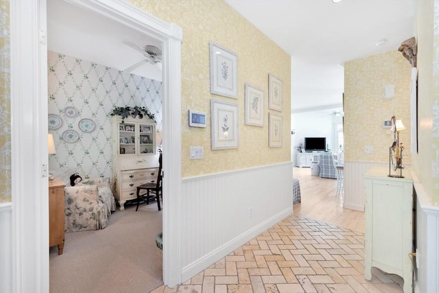 8 Barn Ln, Gloucester, MA 01930 - hall with wainscoting, wallpapered walls, and brick patterned flooring