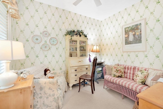 8 Barn Ln, Gloucester, MA 01930 - office space with light carpet, ceiling fan, and wallpapered walls