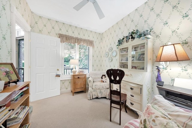 8 Barn Ln, Gloucester, MA 01930 - bedroom featuring wallpapered walls, light colored carpet, and ceiling fan