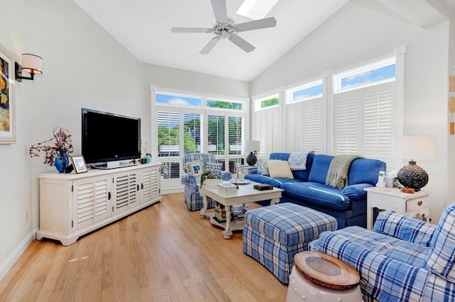 8 Barn Ln, Gloucester, MA 01930 - living area featuring light wood-style flooring, a ceiling fan, and high vaulted ceiling