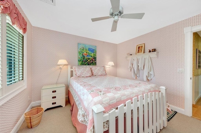8 Barn Ln, Gloucester, MA 01930 - bedroom featuring carpet flooring, wallpapered walls, and a ceiling fan