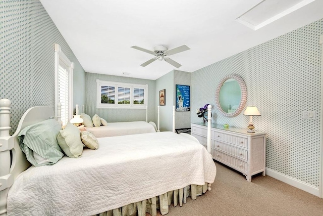 8 Barn Ln, Gloucester, MA 01930 - bedroom featuring wallpapered walls, attic access, a ceiling fan, and light colored carpet