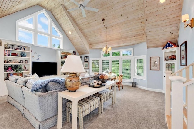 8 Barn Ln, Gloucester, MA 01930 - living area featuring high vaulted ceiling, light colored carpet, a chandelier, wood ceiling, and a ceiling fan