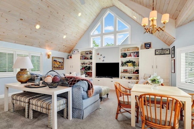 8 Barn Ln, Gloucester, MA 01930 - carpeted living room featuring a chandelier, high vaulted ceiling, wood ceiling, and recessed lighting