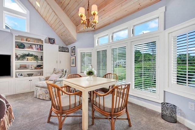 8 Barn Ln, Gloucester, MA 01930 - carpeted dining space featuring a chandelier, wood ceiling, and vaulted ceiling