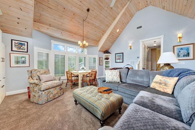 8 Barn Ln, Gloucester, MA 01930 - living area featuring a chandelier, carpet flooring, high vaulted ceiling, and wood ceiling