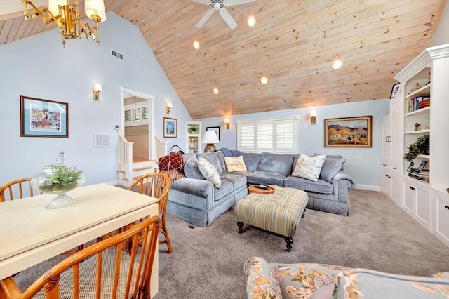 8 Barn Ln, Gloucester, MA 01930 - living room featuring wooden ceiling, stairs, light colored carpet, high vaulted ceiling, and a ceiling fan