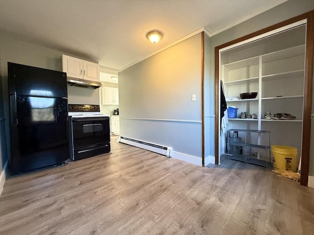 kitchen with under cabinet range hood, a baseboard heating unit, white cabinetry, light wood-type flooring, and black appliances