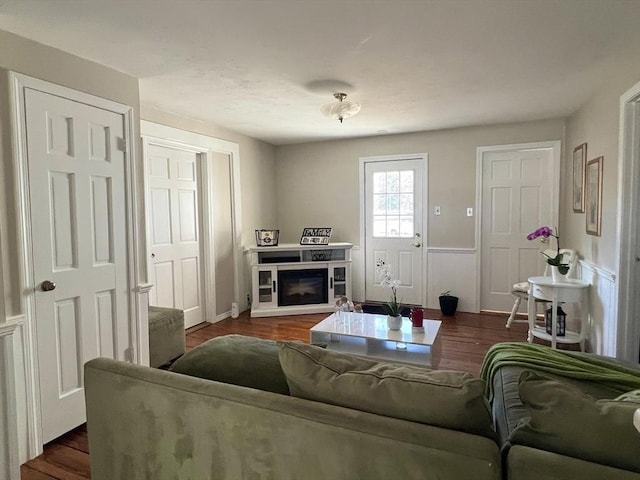 living area featuring dark wood-style floors, wainscoting, and a glass covered fireplace