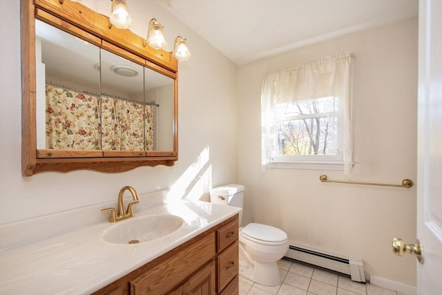 full bath with toilet, a shower with shower curtain, vanity, baseboard heating, and tile patterned floors