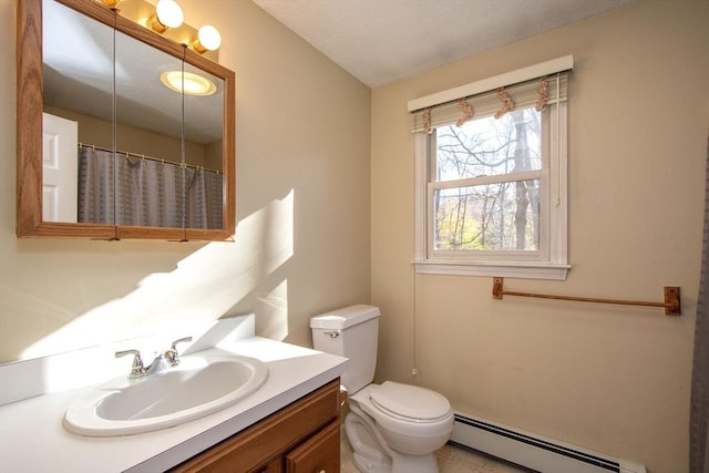 full bathroom with a baseboard radiator, a shower with shower curtain, vanity, and toilet