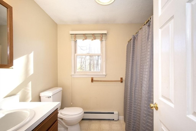 full bathroom featuring toilet, a textured ceiling, a baseboard radiator, and vanity