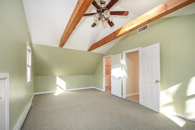 bonus room featuring lofted ceiling with beams, carpet, visible vents, and baseboards