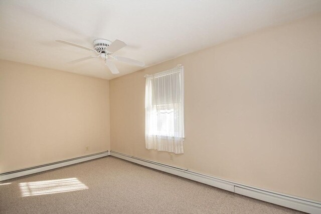 unfurnished room with a baseboard radiator, carpet flooring, and ceiling fan