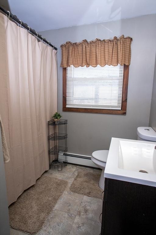 full bathroom with toilet, vanity, a shower with curtain, and a baseboard radiator