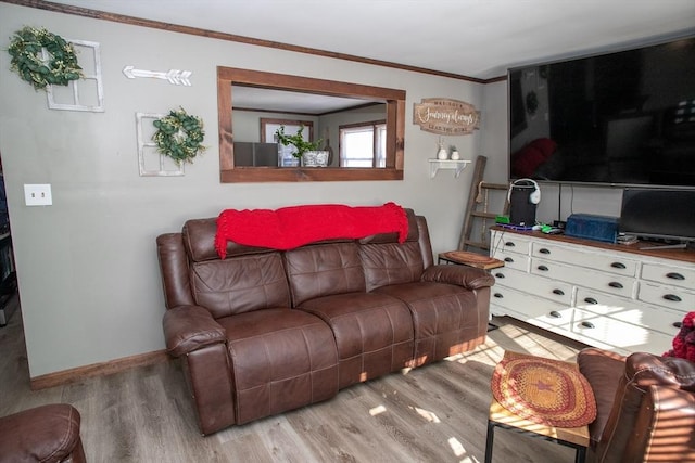 living room with wood finished floors, baseboards, and ornamental molding