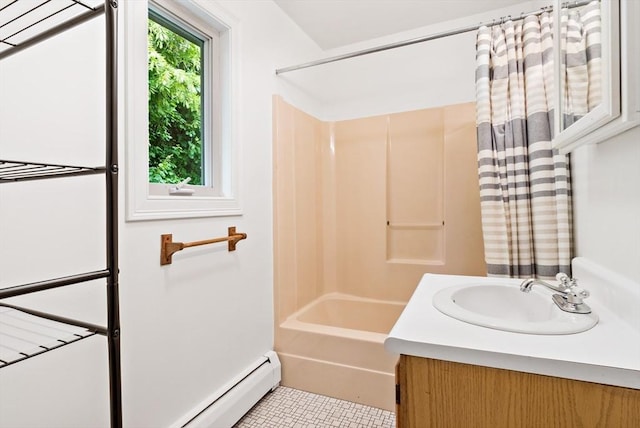 43 Water St, Freetown, MA 02702 - bathroom with tile patterned flooring, shower / bathtub combination with curtain, vanity, and a baseboard heating unit