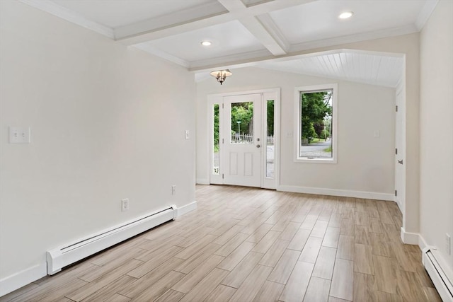 43 Water St, Freetown, MA 02702 - foyer entrance featuring a baseboard radiator, beam ceiling, recessed lighting, light wood-type flooring, and baseboards