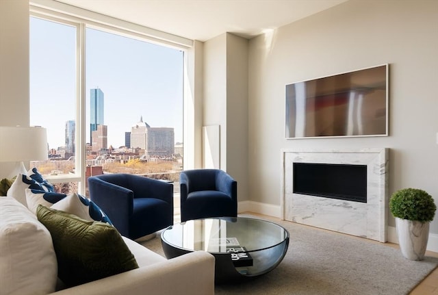 living room with a fireplace and plenty of natural light